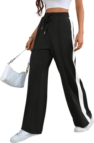 Wide Leg Sweatpants Women High Waisted Baggy Sweat Pants Active Striped Track Pants with Pockets
