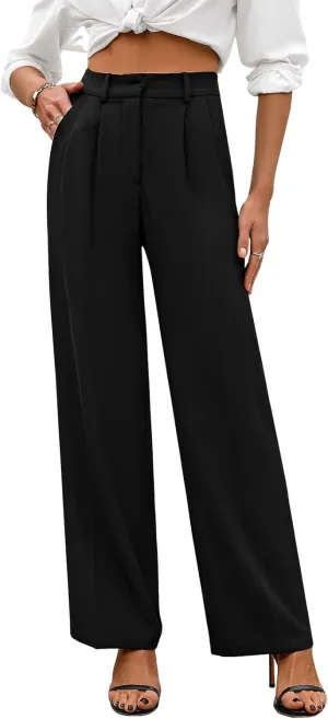 Wide Leg Trousers | High Waisted with Pockets | Comfortable Work Pants | Business Casual Pants - Black, Large-Short