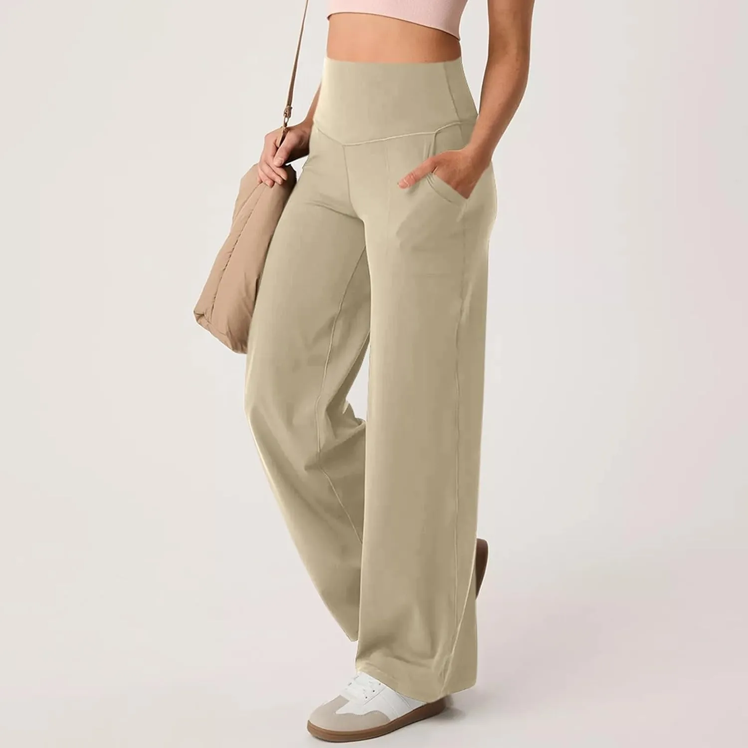 Wide Leg Yoga Pants for Women Summer Stretch High Waist Straight Leg Dress Pants Tummy Control Flare Leggings with Pockets