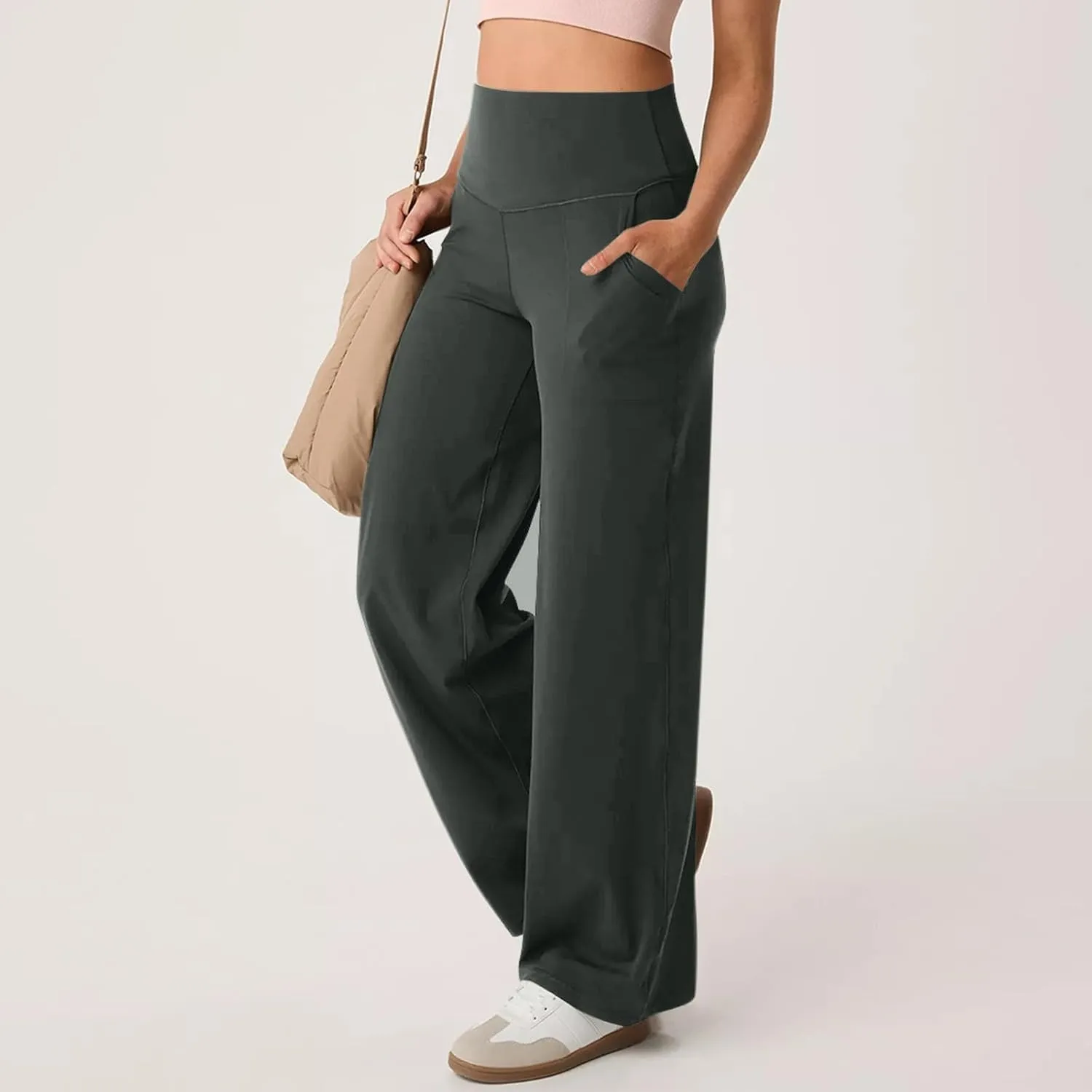 Wide Leg Yoga Pants for Women Summer Stretch High Waist Straight Leg Dress Pants Tummy Control Flare Leggings with Pockets