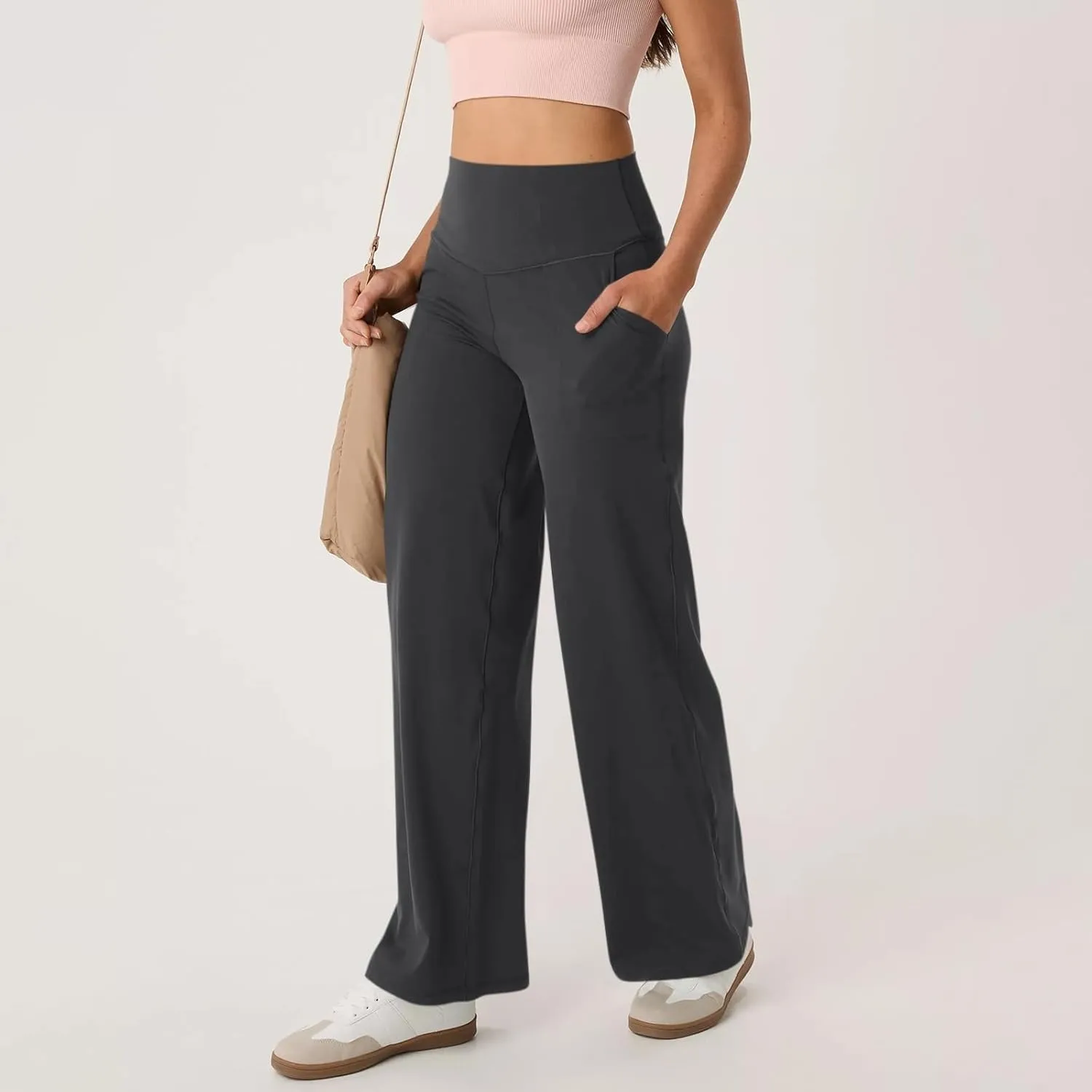 Wide Leg Yoga Pants for Women Summer Stretch High Waist Straight Leg Dress Pants Tummy Control Flare Leggings with Pockets
