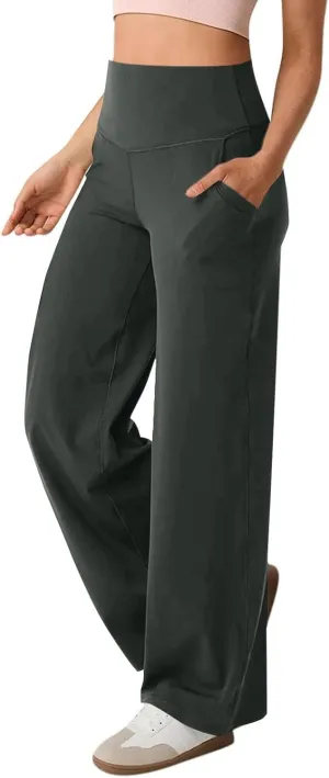 Wide Leg Yoga Pants for Women Summer Stretch High Waist Straight Leg Dress Pants Tummy Control Flare Leggings with Pockets