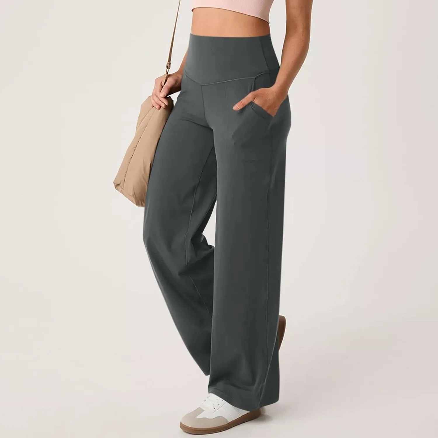 Wide Leg Yoga Pants for Women Summer Stretch High Waist Straight Leg Dress Pants Tummy Control Flare Leggings with Pockets
