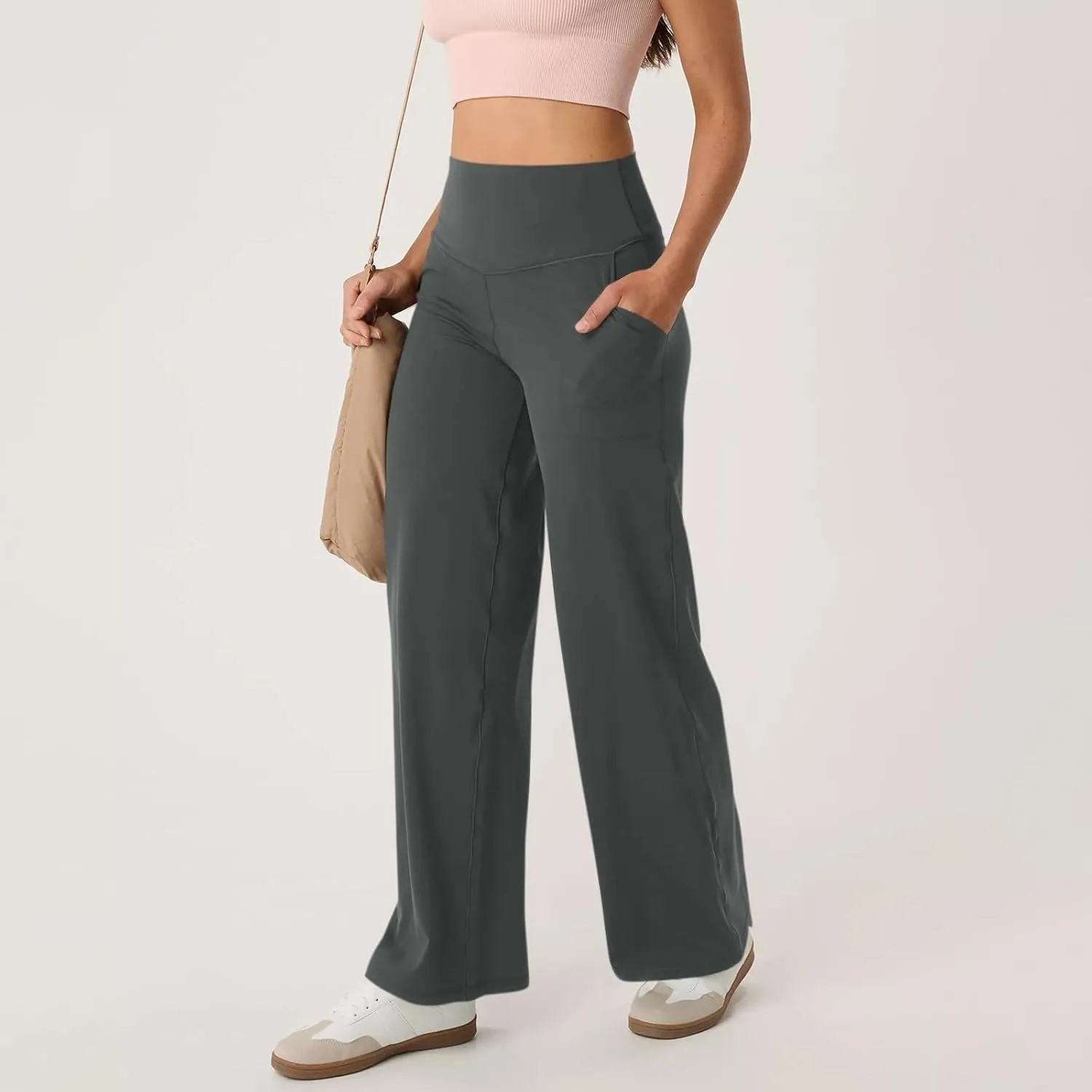 Wide Leg Yoga Pants for Women Summer Stretch High Waist Straight Leg Dress Pants Tummy Control Flare Leggings with Pockets
