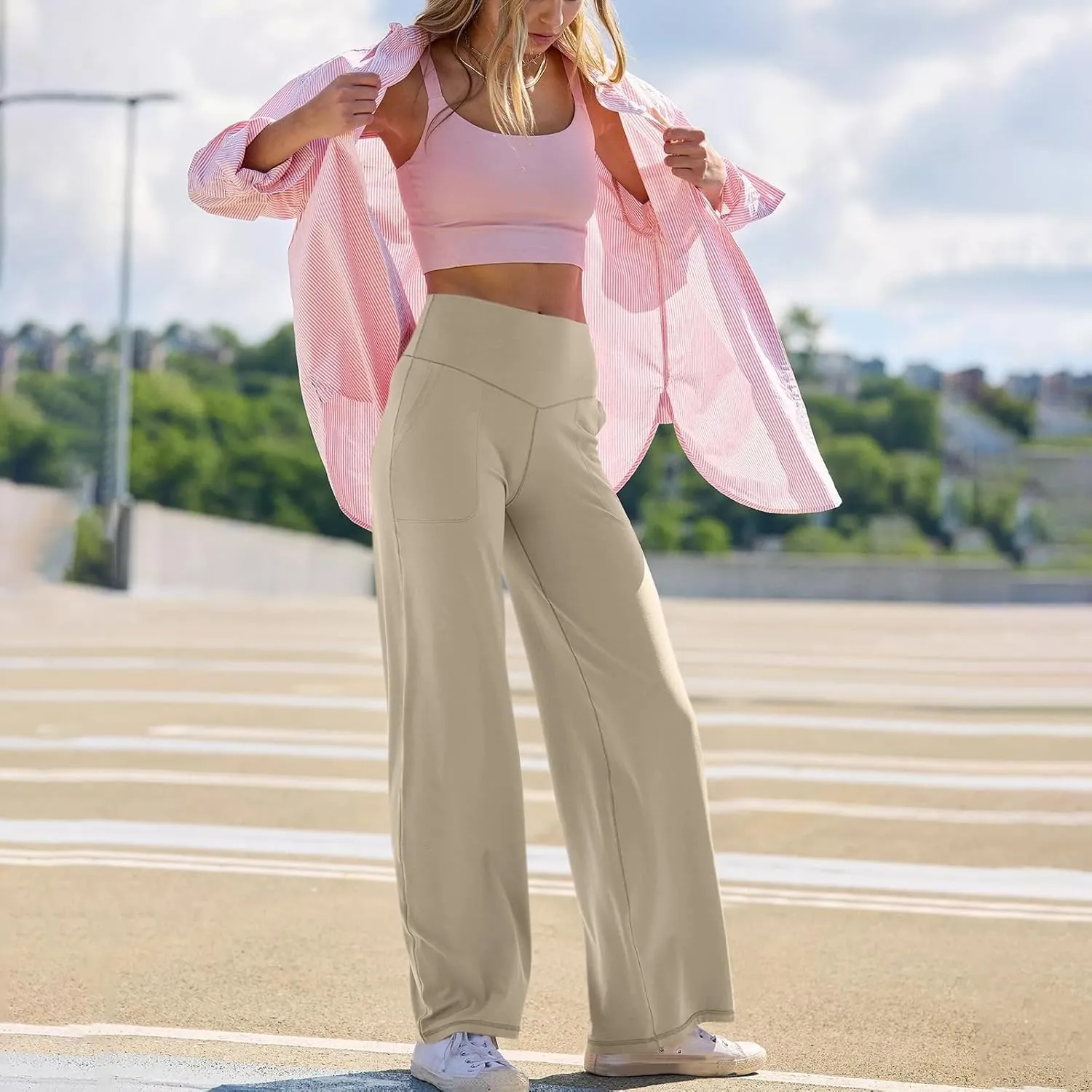 Wide Leg Yoga Pants for Women Summer Stretch High Waist Straight Leg Dress Pants Tummy Control Flare Leggings with Pockets