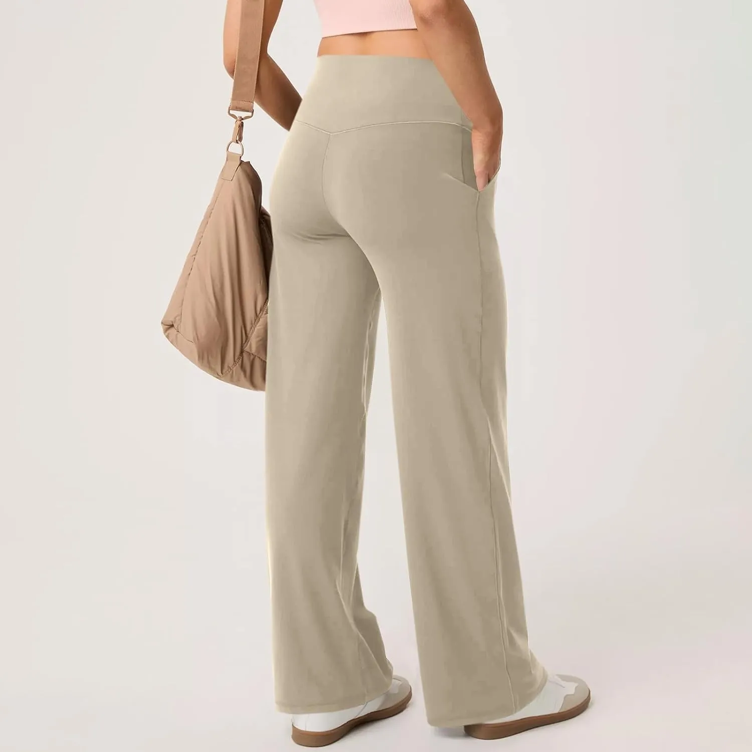 Wide Leg Yoga Pants for Women Summer Stretch High Waist Straight Leg Dress Pants Tummy Control Flare Leggings with Pockets