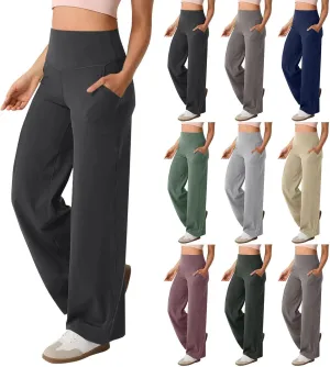 Wide Leg Yoga Pants for Women Summer Stretch High Waist Straight Leg Dress Pants Tummy Control Flare Leggings with Pockets