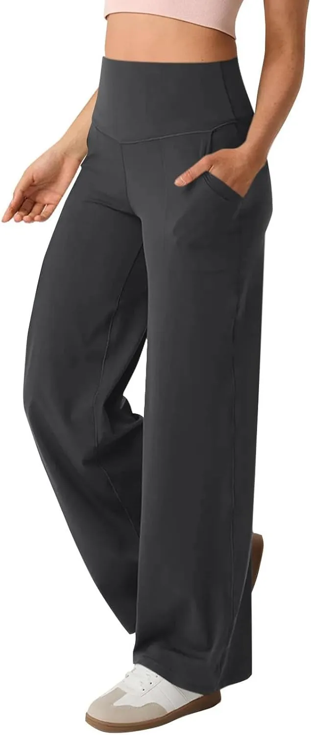 Wide Leg Yoga Pants for Women Summer Stretch High Waist Straight Leg Dress Pants Tummy Control Flare Leggings with Pockets