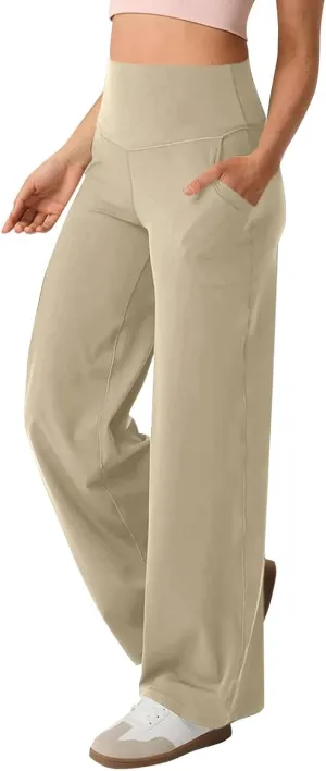 Wide Leg Yoga Pants for Women Summer Stretch High Waist Straight Leg Dress Pants Tummy Control Flare Leggings with Pockets