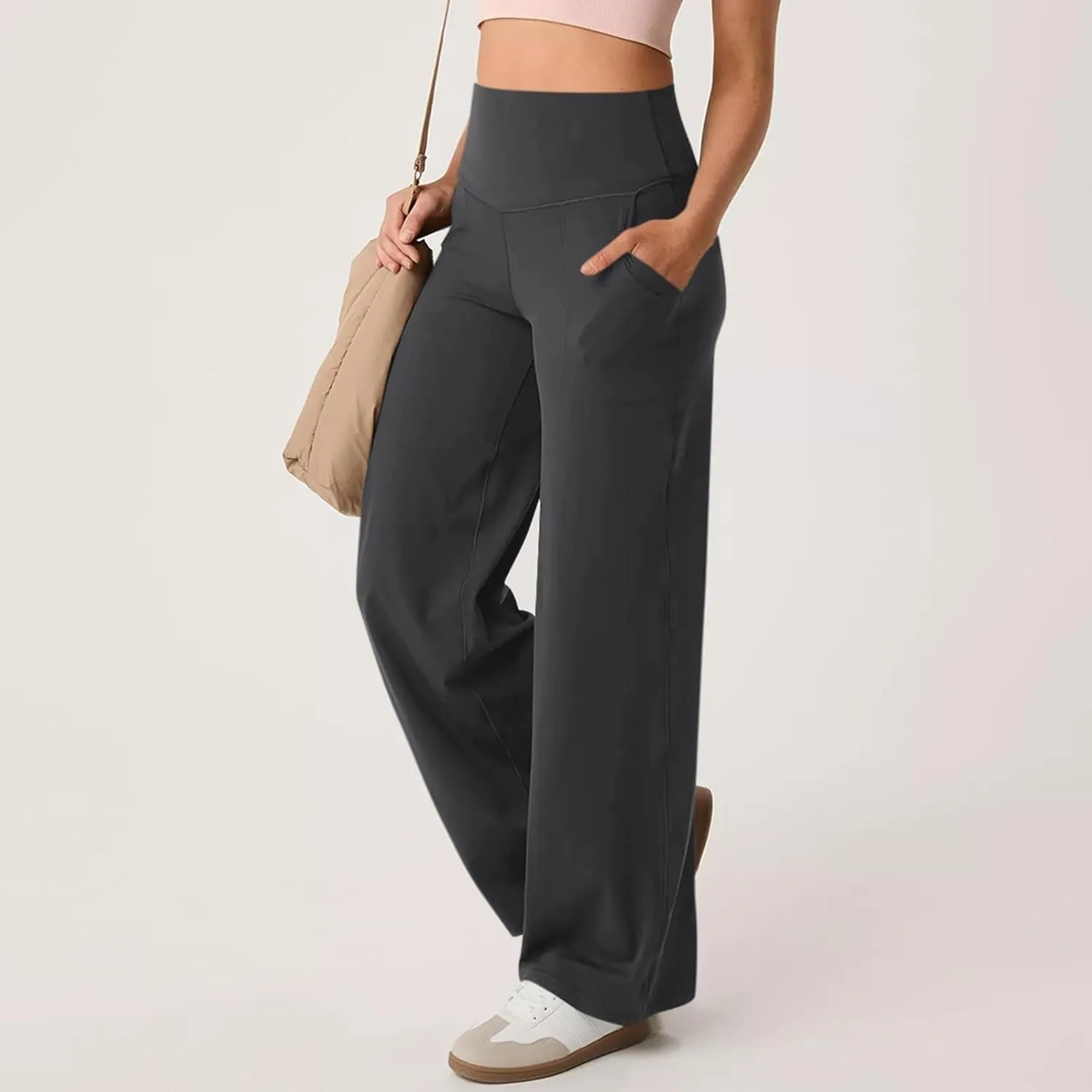 Wide Leg Yoga Pants for Women Summer Stretch High Waist Straight Leg Dress Pants Tummy Control Flare Leggings with Pockets