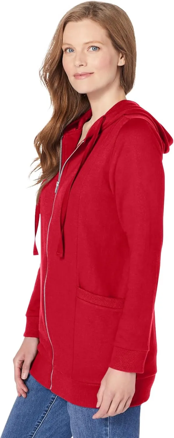 Woman Within Plus Size Zip Front Hoodie Jacket Long Oversized Fleece Jacket