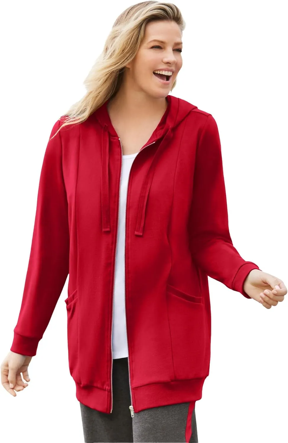 Woman Within Plus Size Zip Front Hoodie Jacket Long Oversized Fleece Jacket