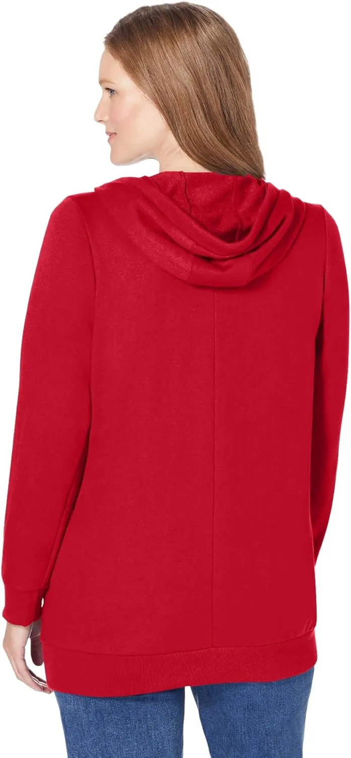 Woman Within Plus Size Zip Front Hoodie Jacket Long Oversized Fleece Jacket