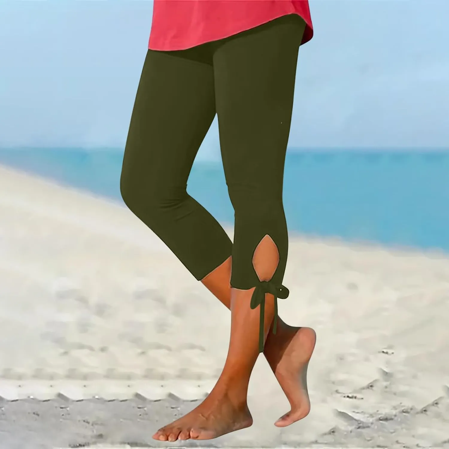 Women Capri Leggings Pants High Waist Lace Straight Leg Workout Pant Skinny Compression Comfortable Casual Trousers