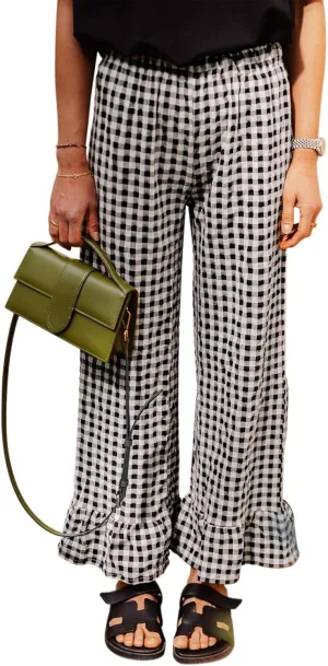 Women Gingham Pants Ruffle Hem Wide Leg Flowy Pants Checkered Trousers Plaid Pj Pants Y2k Going Out Bottoms