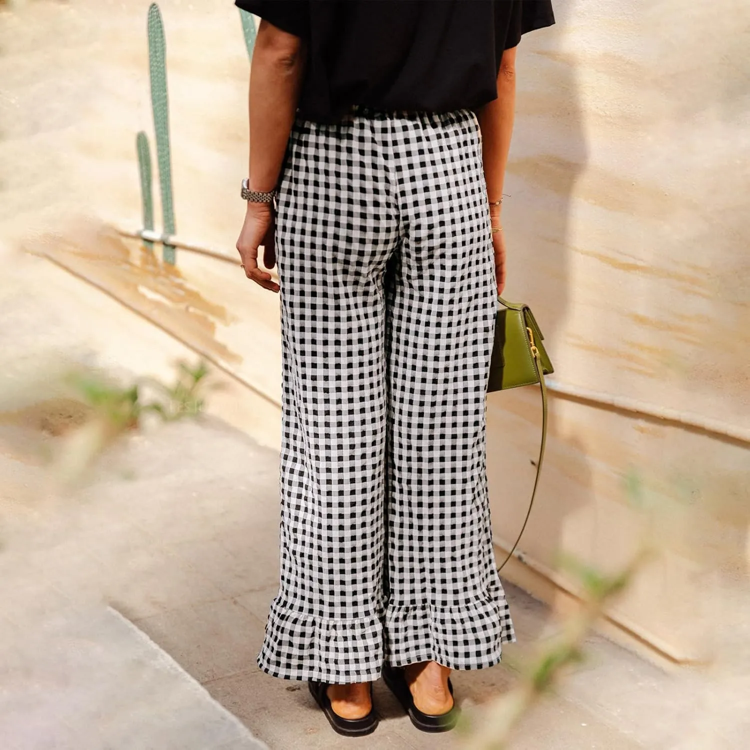 Women Gingham Pants Ruffle Hem Wide Leg Flowy Pants Checkered Trousers Plaid Pj Pants Y2k Going Out Bottoms
