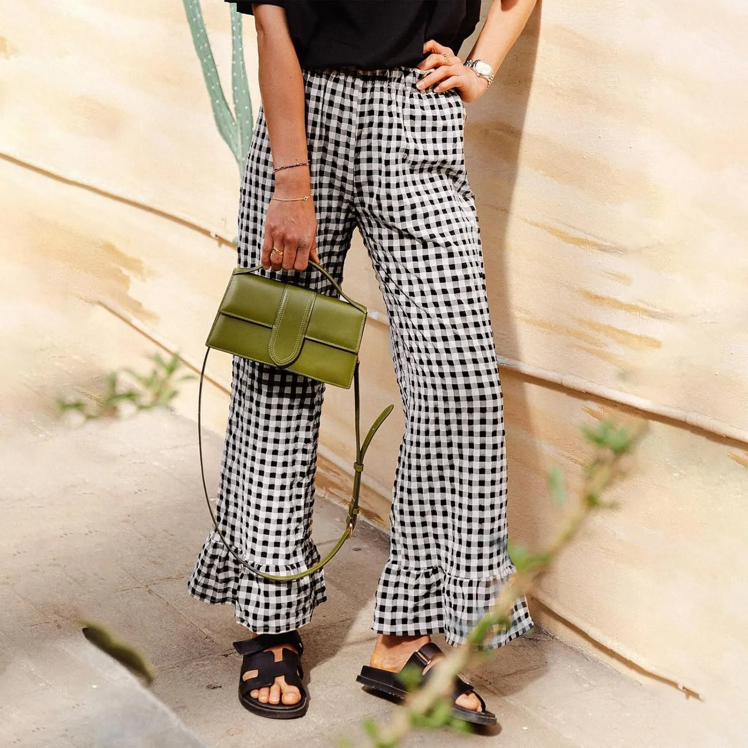 Women Gingham Pants Ruffle Hem Wide Leg Flowy Pants Checkered Trousers Plaid Pj Pants Y2k Going Out Bottoms