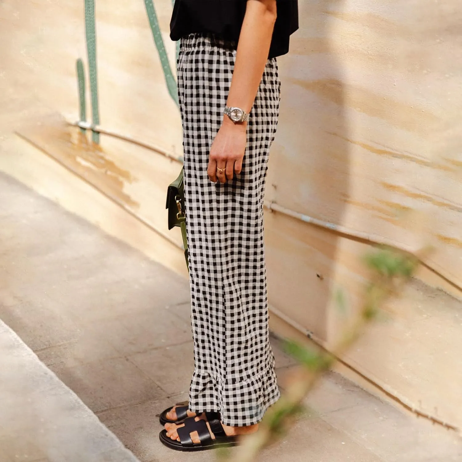 Women Gingham Pants Ruffle Hem Wide Leg Flowy Pants Checkered Trousers Plaid Pj Pants Y2k Going Out Bottoms