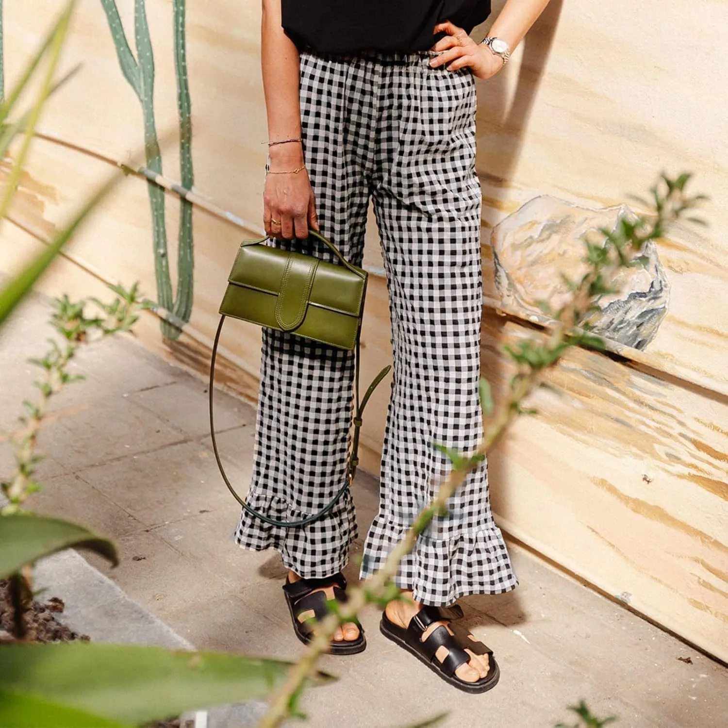 Women Gingham Pants Ruffle Hem Wide Leg Flowy Pants Checkered Trousers Plaid Pj Pants Y2k Going Out Bottoms