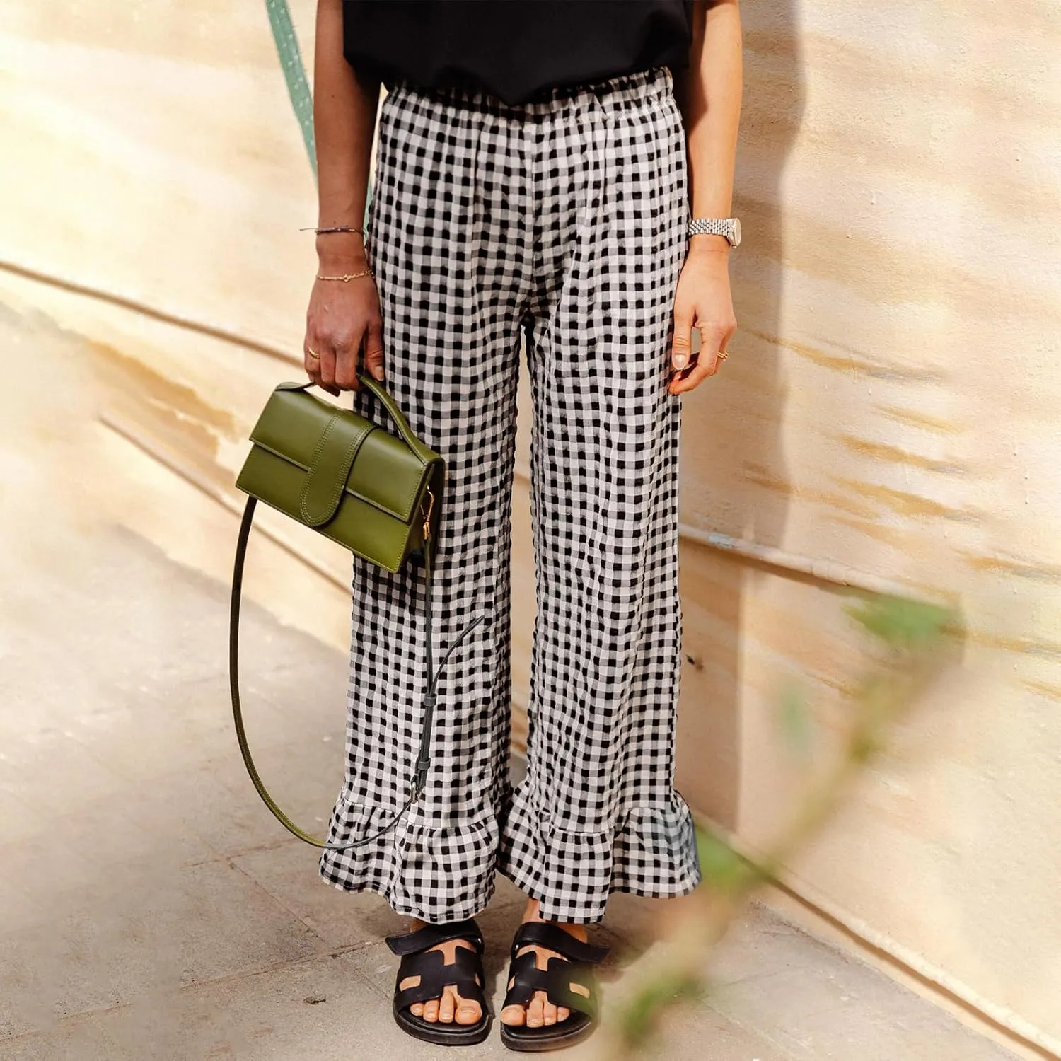 Women Gingham Pants Ruffle Hem Wide Leg Flowy Pants Checkered Trousers Plaid Pj Pants Y2k Going Out Bottoms