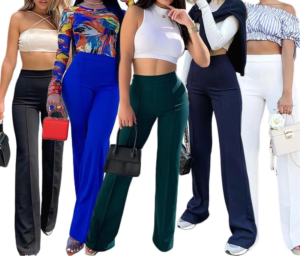 Women High Waist Straight-Leg Pants Elastic Waist Flared Trousers