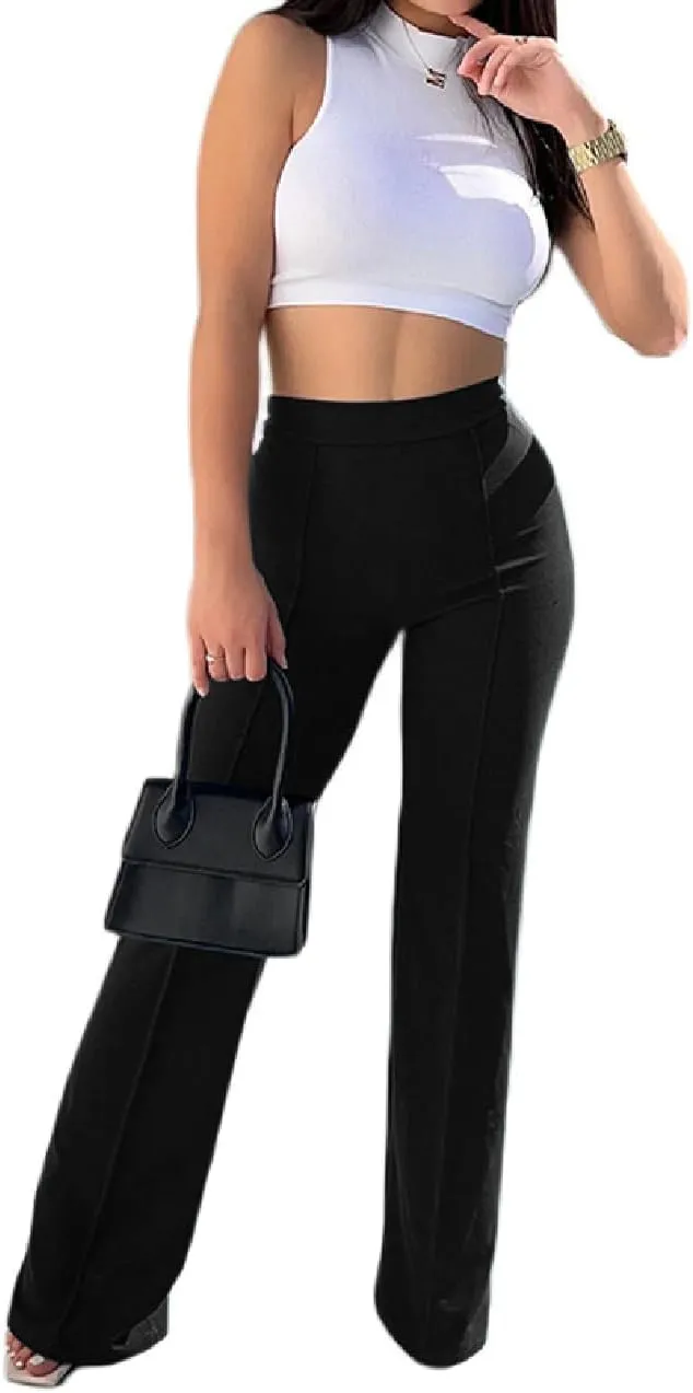 Women High Waist Straight-Leg Pants Elastic Waist Flared Trousers