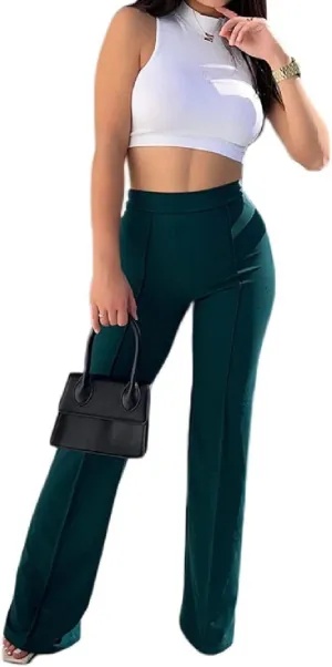 Women High Waist Straight-Leg Pants Elastic Waist Flared Trousers