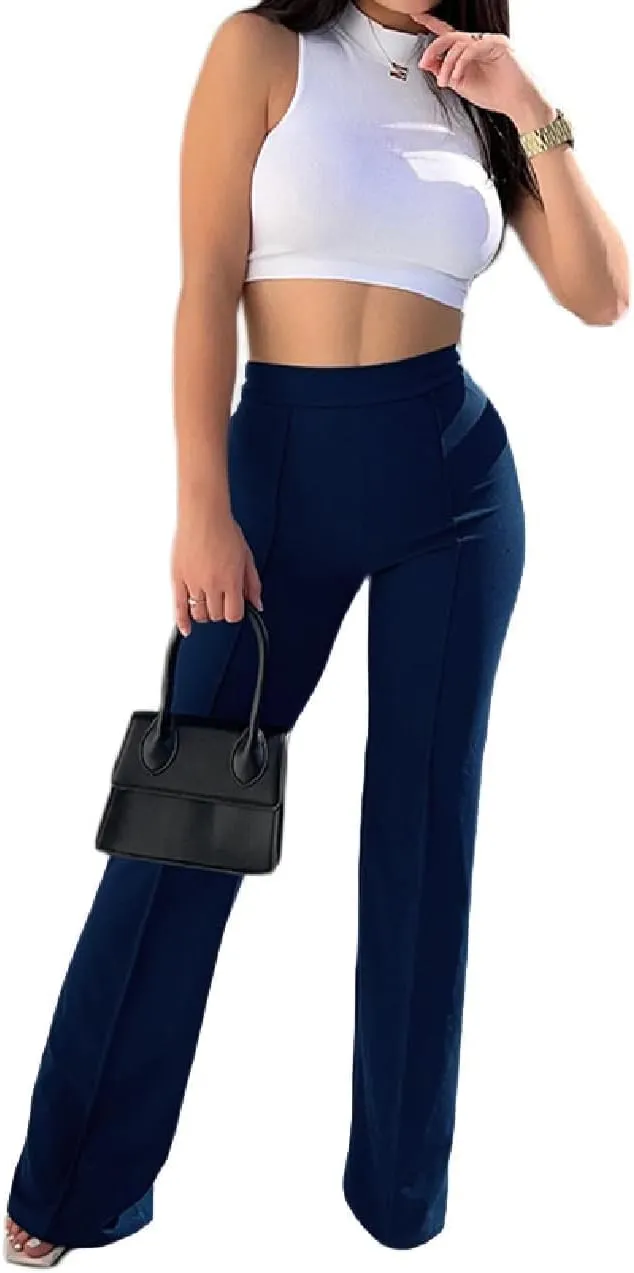 Women High Waist Straight-Leg Pants Elastic Waist Flared Trousers