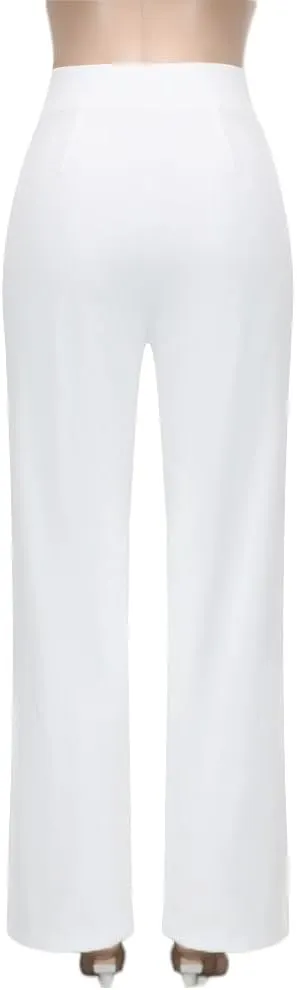 Women High Waist Straight-Leg Pants Elastic Waist Flared Trousers