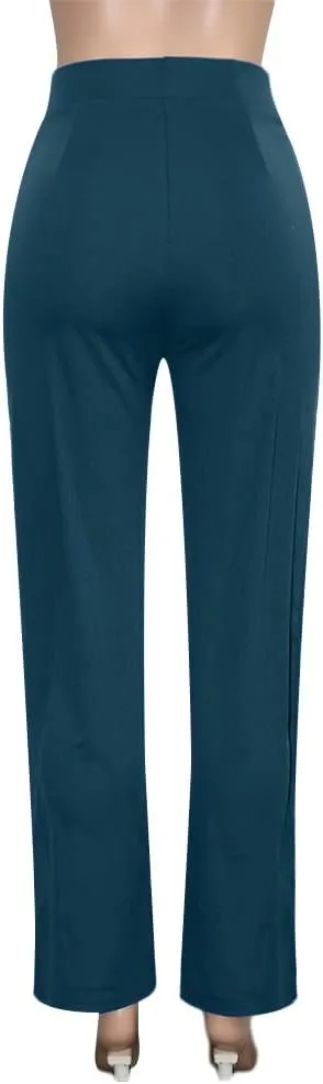 Women High Waist Straight-Leg Pants Elastic Waist Flared Trousers