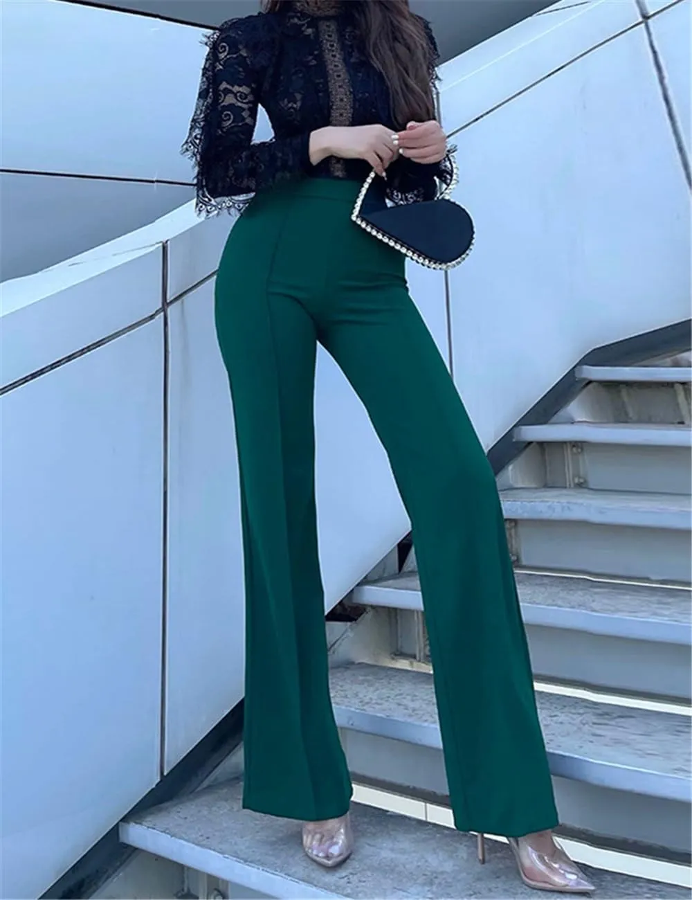 Women High Waist Straight-Leg Pants Elastic Waist Flared Trousers