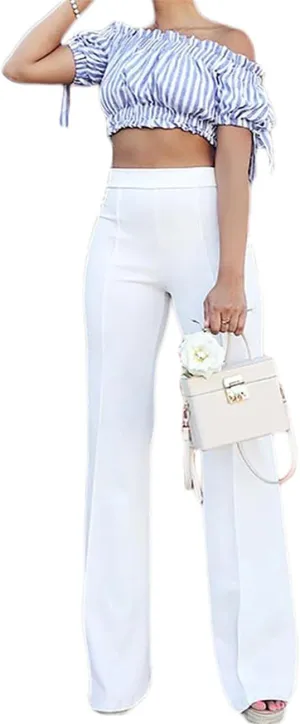 Women High Waist Straight-Leg Pants Elastic Waist Flared Trousers