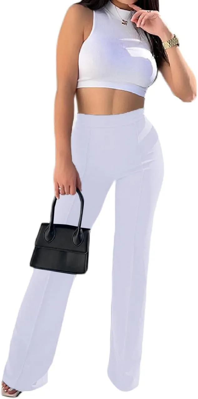 Women High Waist Straight-Leg Pants Elastic Waist Flared Trousers
