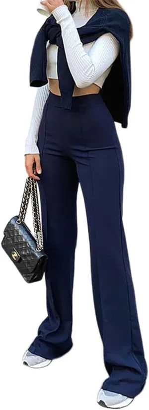 Women High Waist Straight-Leg Pants Elastic Waist Flared Trousers