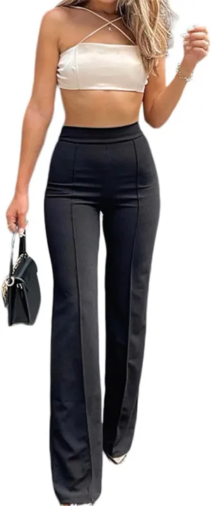 Women High Waist Straight-Leg Pants Elastic Waist Flared Trousers
