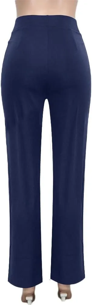 Women High Waist Straight-Leg Pants Elastic Waist Flared Trousers