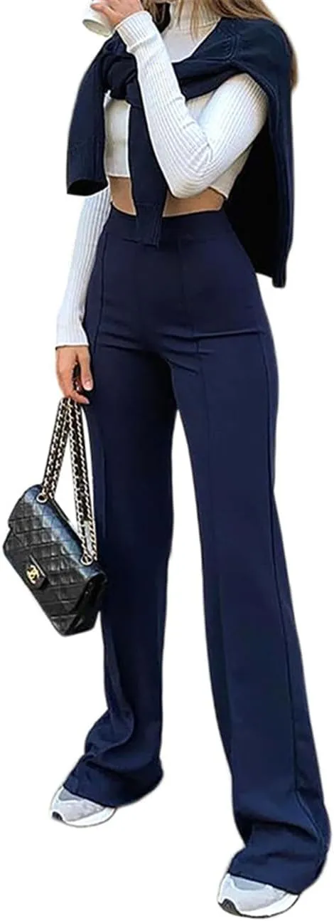 Women High Waist Straight-Leg Pants Elastic Waist Flared Trousers