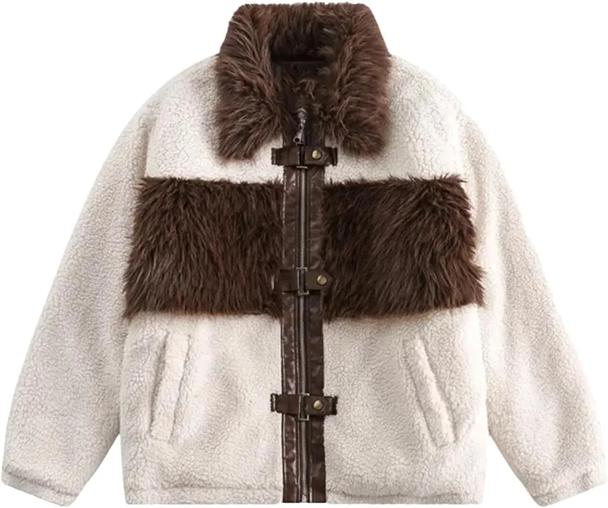 Women Lapel Fleece Faux Fur Coat Loose Fit Vintage Warm Cotton-Padded Coat