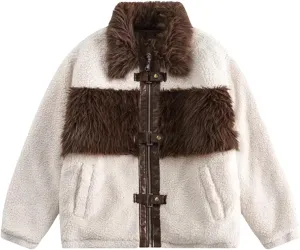 Women Lapel Fleece Faux Fur Coat Loose Fit Vintage Warm Cotton-Padded Coat