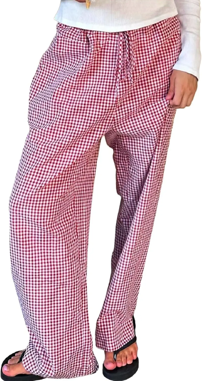 Women Plaid Striped Pants Elastic Waist Wide Leg Gingham Plaid Print Pajama Pants Casual Lounge Trousers