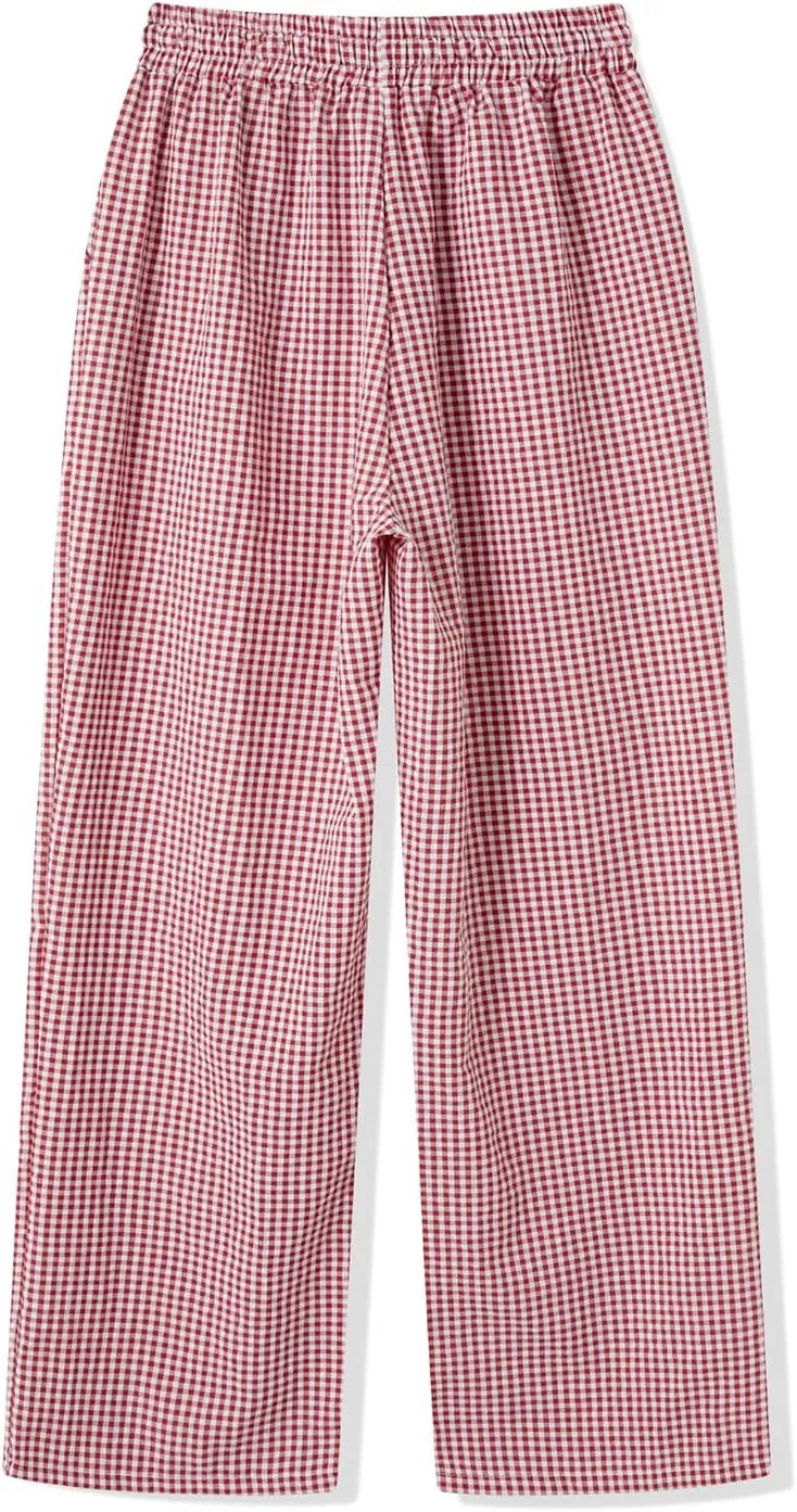 Women Plaid Striped Pants Elastic Waist Wide Leg Gingham Plaid Print Pajama Pants Casual Lounge Trousers