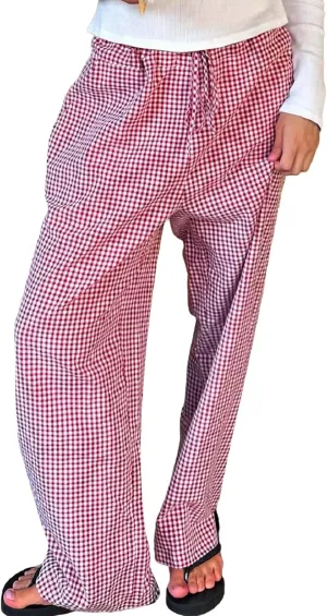 Women Plaid Striped Pants Elastic Waist Wide Leg Gingham Plaid Print Pajama Pants Casual Lounge Trousers