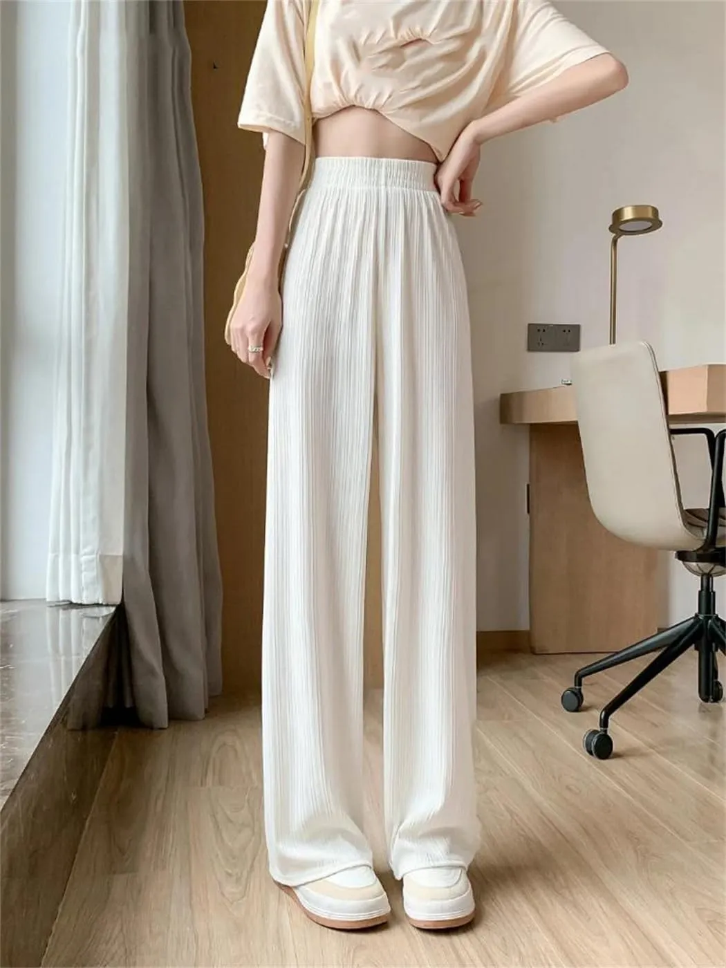 Women Summer Fashion Ice Silk Wide Leg Pants Baggy Thin Chiffon High Waist Saggy Loose Straight Casual Trousers