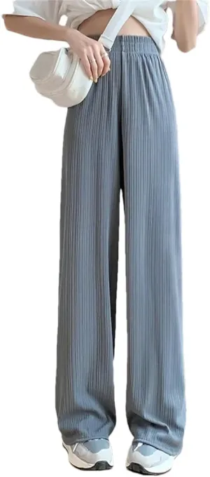 Women Summer Fashion Ice Silk Wide Leg Pants Baggy Thin Chiffon High Waist Saggy Loose Straight Casual Trousers