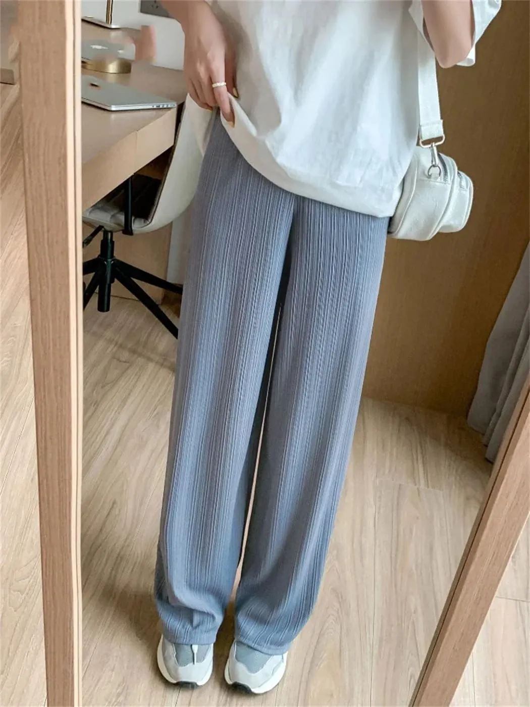 Women Summer Fashion Ice Silk Wide Leg Pants Baggy Thin Chiffon High Waist Saggy Loose Straight Casual Trousers