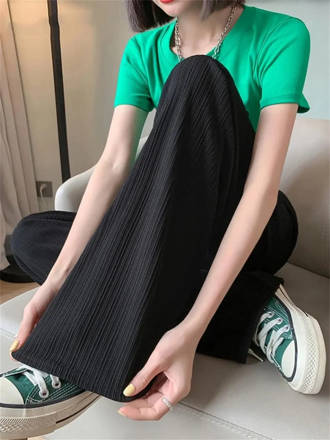 Women Summer Fashion Ice Silk Wide Leg Pants Baggy Thin Chiffon High Waist Saggy Loose Straight Casual Trousers