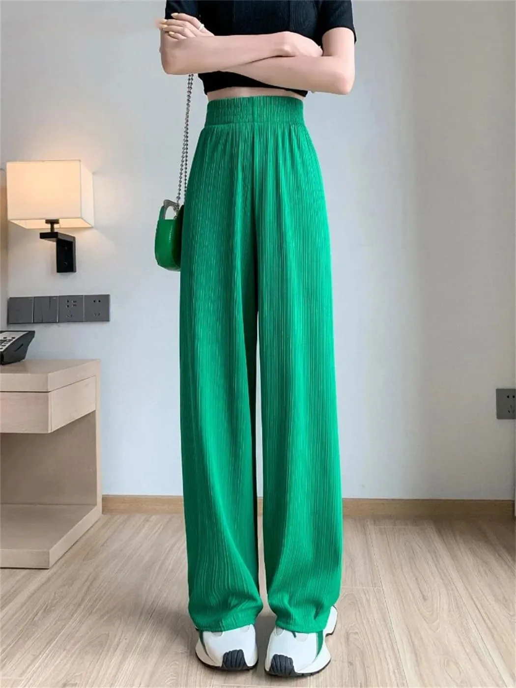 Women Summer Fashion Ice Silk Wide Leg Pants Baggy Thin Chiffon High Waist Saggy Loose Straight Casual Trousers