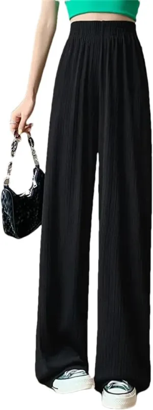 Women Summer Fashion Ice Silk Wide Leg Pants Baggy Thin Chiffon High Waist Saggy Loose Straight Casual Trousers
