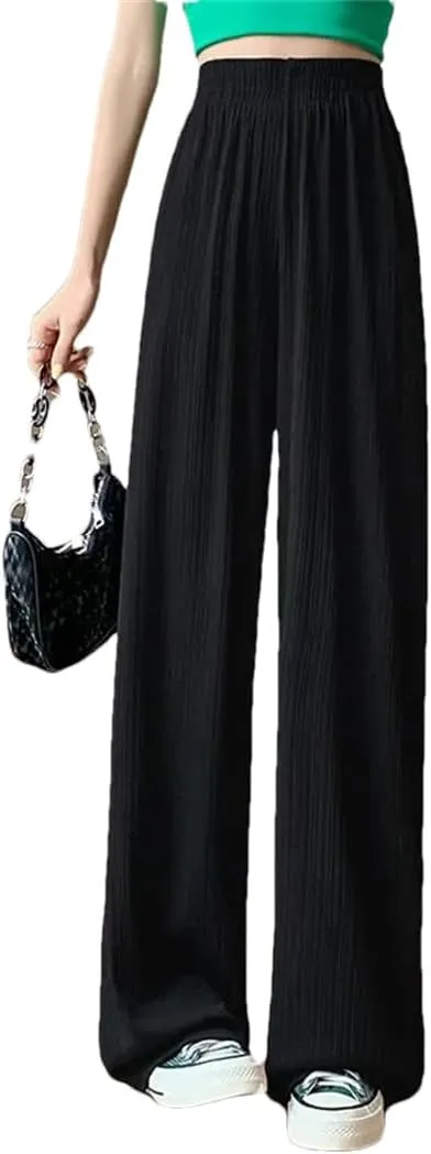 Women Summer Fashion Ice Silk Wide Leg Pants Baggy Thin Chiffon High Waist Saggy Loose Straight Casual Trousers