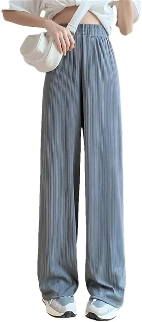 Women Summer Fashion Ice Silk Wide Leg Pants Baggy Thin Chiffon High Waist Saggy Loose Straight Casual Trousers